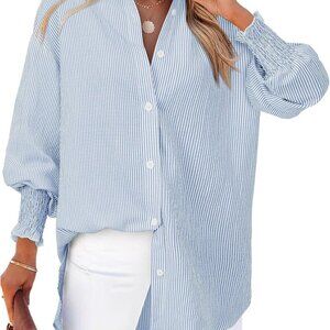 Women's Striped Button Down Shirts Long Sleeve Smocked Cuffed Oversized Boyfrien